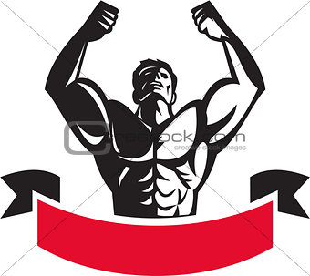 Body Builder Flexing Muscles Banner Retro