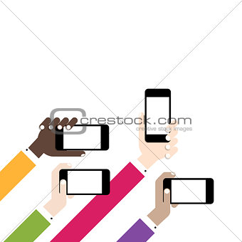 Hands hold smart phones, flat design