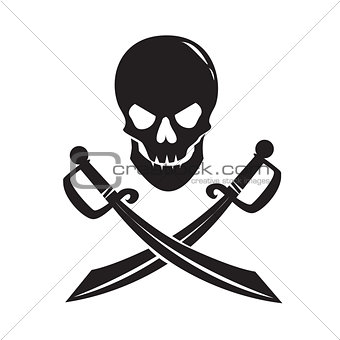Black skull with swords isolated on white background.