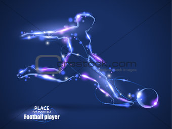 Motion design. Football player, kick a ball. Blur and light. isolated on black background. Vector illustration