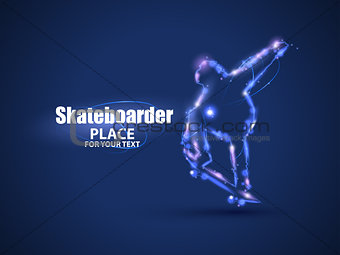 Motion design. Skateboarder jump on skateboard. Blur and light. Vector illustration