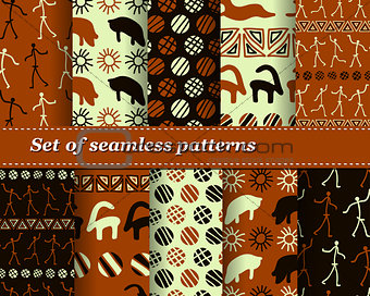 Cute Set of vector tribal striped seamless pattern. Geometric background. Folk ornamental textile. Ice age