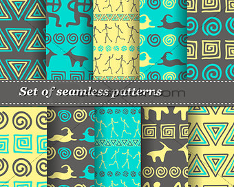 Set of vector tribal striped seamless pattern. Geometric background. Folk ornamental textile. Ice age