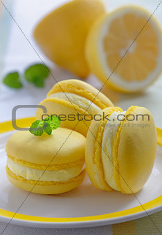 Colorful french macarons with lemon flavor