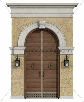 Front view of a medieval portal with wooden door