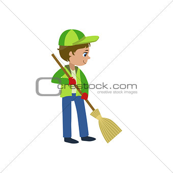 Boy With A Broom Outdoors