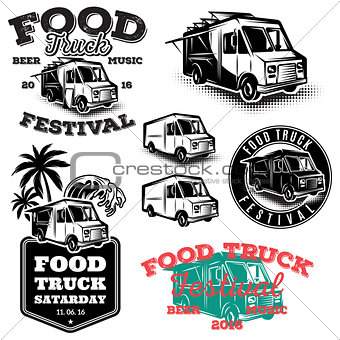 set of templates, design elements, vintage style emblems for food truck