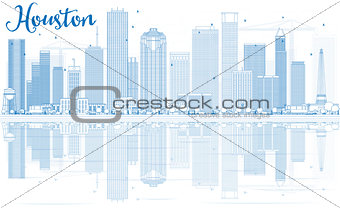 Outline Houston Skyline with Blue Buildings and Reflections. 