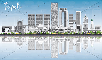Tripoli Skyline with Gray Buildings, Blue Sky and Reflections.