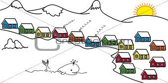 Sketch Iceland and colored houses, floating whale