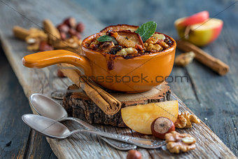 Baked oatmeal with apple, cinnamon and nuts.