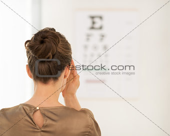 Seen from behind woman testing vision with Snellen chart