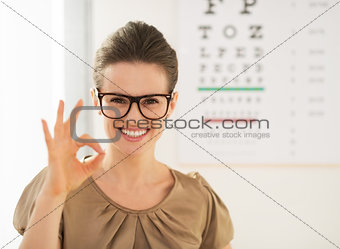 woman wearing eyeglasses showing ok gesture near Snellen chart