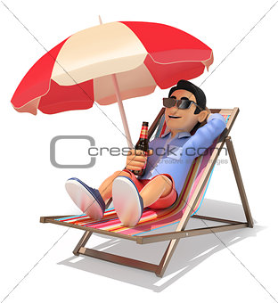 3D Young man in shorts in the beach drinking beer