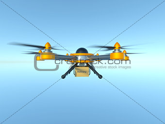 Yellow and gray hexacopter. Shipping to home. Flying courier. 3d illustration.