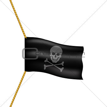 Pirate flag with skull symbol hanging on rope