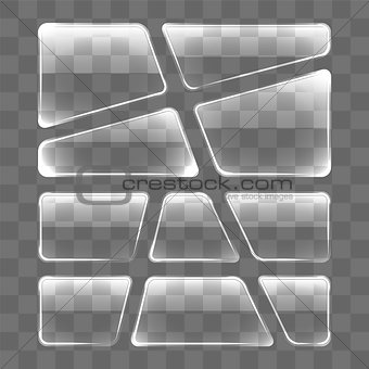 Transparent glass plates set on a gray background.