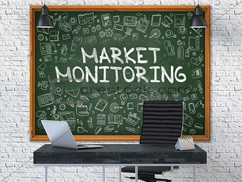 Market Monitoring on Chalkboard with Doodle Icons.