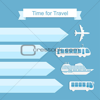 Modern vector illustration with airplane, bus, ship and train for presentation, booklet, website. Time for travel concept