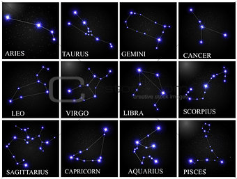 Set of Zodiac Sign with Beautiful Bright Stars on the Background