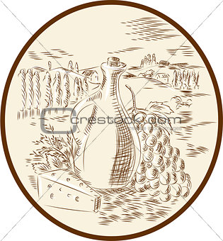 Olive Oil Jar Cheese Tuscan Countryside Etching