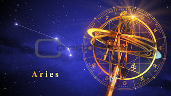 Armillary Sphere And Constellation Aries Over Blue Background