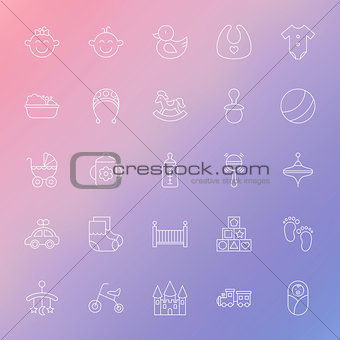 Baby and Toys Line Icons Set over Blurred Background