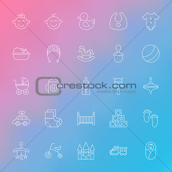 Toys and Baby Line Icons Set over Blurred Background