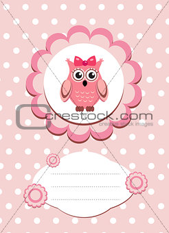baby card cute owl, baby owl invitation, frame for text cute animal, cartoon owl vector illustration