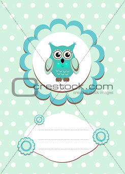baby card cute owl, baby owl invitation, frame for text cute animal, cartoon owl vector illustration
