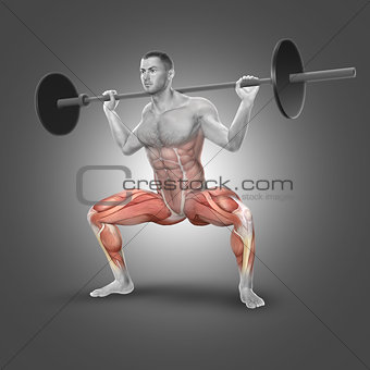 3D male figure in barbell plie squat pose