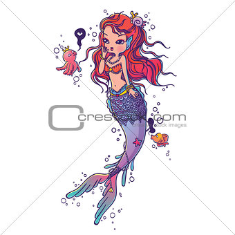 A Lovely Mermaid and Friends on White Background