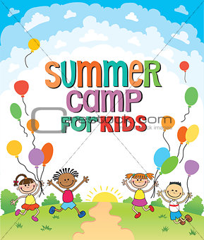 children are jumping ob summer background bunner cartoon funny vector character. illustration
