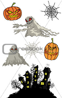 halloween pumpkins cartoon ghost and haunted castle