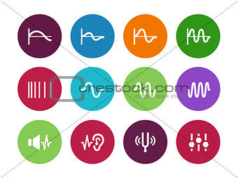Music waves circle icons on white background.