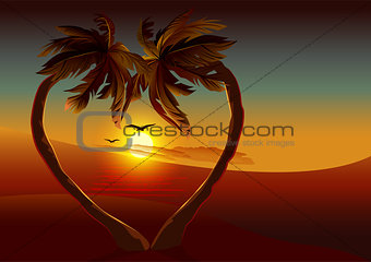 Night tropical island. Two palm tree in shape of heart