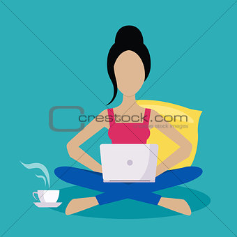 Girl Sitting At Home Working Freelance