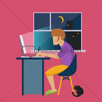 Guy In The Night At Home Working Freelance