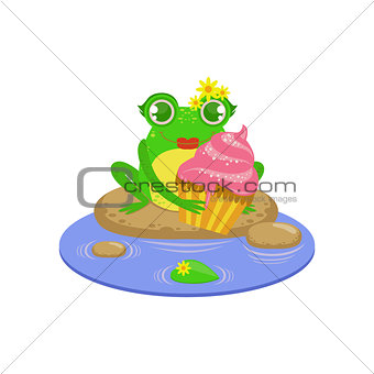 Cartoon Frog Character With Cupcake