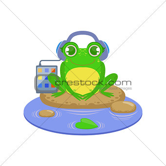 Cartoon Frog Character Listening the Music