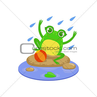 Cartoon Frog Character Playing Under Rain