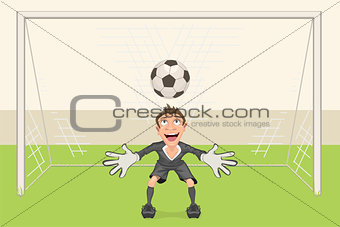 Goalkeeper catches soccer ball. Penalty kick in soccer. Football goal