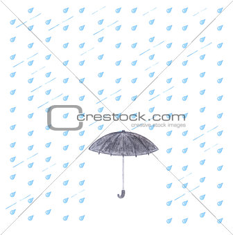 Watercolor rain and umbrella.