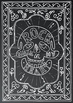 Rock music in my heart. Hand drawn lettering design with skull.