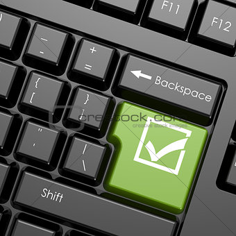 Green enter button with check mark on black keyboard, isolated
