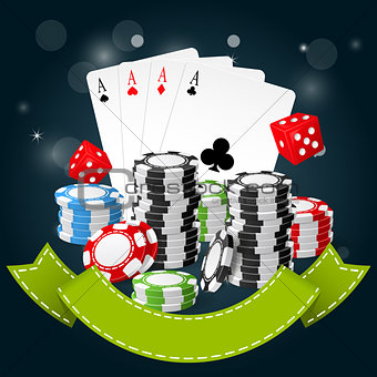 Gambling and casino poster - poker chips, playing cards and dice