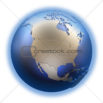 North America on golden metallic Earth