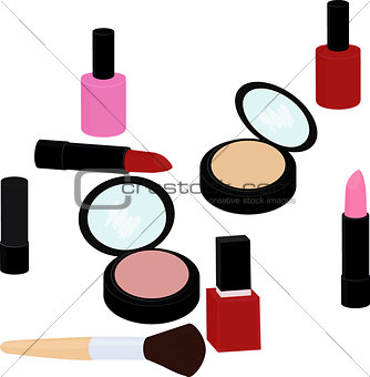 beauty products set, lipstick, nail polish, powder, blush