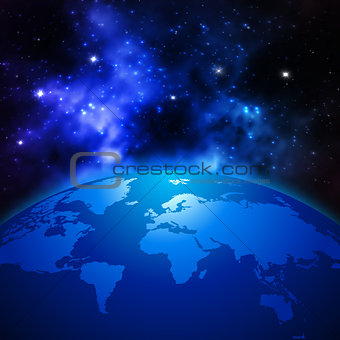 Creative abstract global communication scientific concept: space view of Earth planet globe with world map in Solar System of Universe
