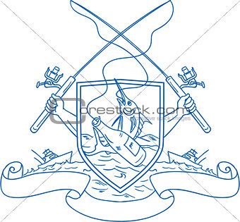 Fishing Rod Reel Hooking Blue Marlin Beer Bottle Coat of Arms Drawing